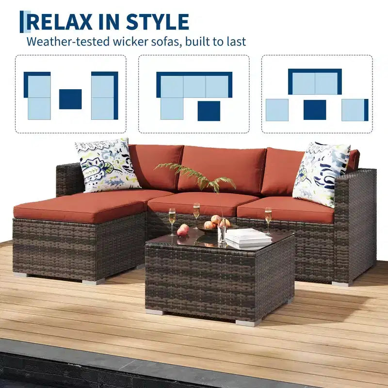5-Piece All-Weather PE Rattan Wicker Patio Sectional Set - Thick Cushions, Ottoman, Glass Coffee Table, Modular Outdoor Conversation Sofa for Garden