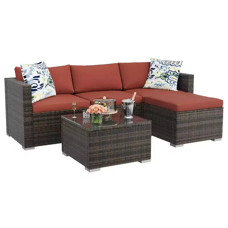 5-Piece All-Weather PE Rattan Wicker Patio Sectional Set - Thick Cushions, Ottoman, Glass Coffee Table, Modular Outdoor Conversation Sofa for Garden