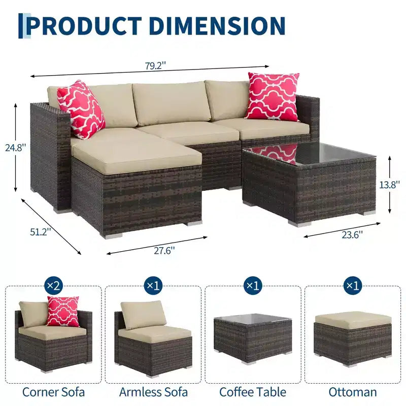 5-Piece All-Weather PE Rattan Wicker Patio Sectional Set - Thick Cushions, Ottoman, Glass Coffee Table, Modular Outdoor Conversation Sofa for Garden