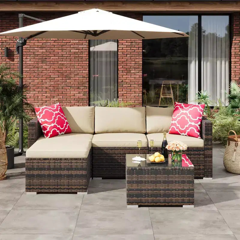 5-Piece All-Weather PE Rattan Wicker Patio Sectional Set - Thick Cushions, Ottoman, Glass Coffee Table, Modular Outdoor Conversation Sofa for Garden