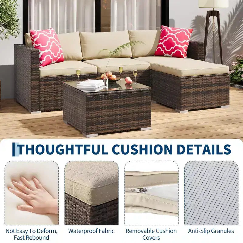 5-Piece All-Weather PE Rattan Wicker Patio Sectional Set - Thick Cushions, Ottoman, Glass Coffee Table, Modular Outdoor Conversation Sofa for Garden