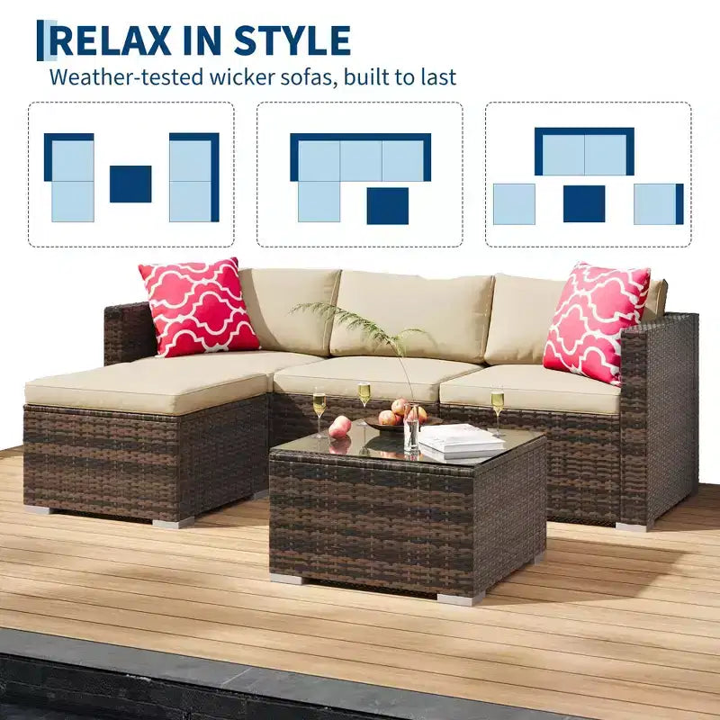 5-Piece All-Weather PE Rattan Wicker Patio Sectional Set - Thick Cushions, Ottoman, Glass Coffee Table, Modular Outdoor Conversation Sofa for Garden