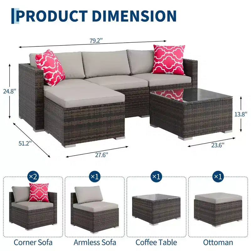 5-Piece All-Weather PE Rattan Wicker Patio Sectional Set - Thick Cushions, Ottoman, Glass Coffee Table, Modular Outdoor Conversation Sofa for Garden
