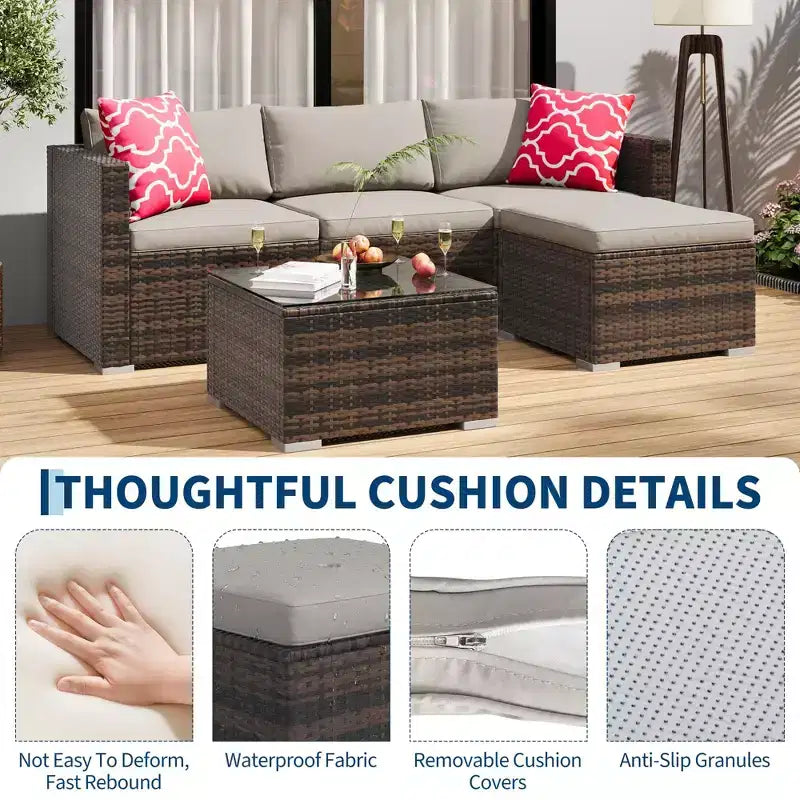5-Piece All-Weather PE Rattan Wicker Patio Sectional Set - Thick Cushions, Ottoman, Glass Coffee Table, Modular Outdoor Conversation Sofa for Garden