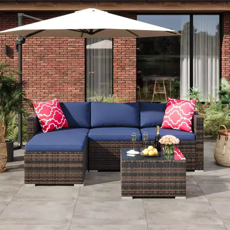 5-Piece All-Weather PE Rattan Wicker Patio Sectional Set - Thick Cushions, Ottoman, Glass Coffee Table, Modular Outdoor Conversation Sofa for Garden