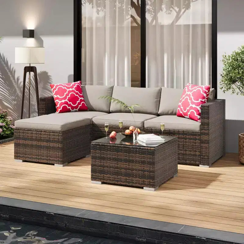 5-Piece All-Weather PE Rattan Wicker Patio Sectional Set - Thick Cushions, Ottoman, Glass Coffee Table, Modular Outdoor Conversation Sofa for Garden