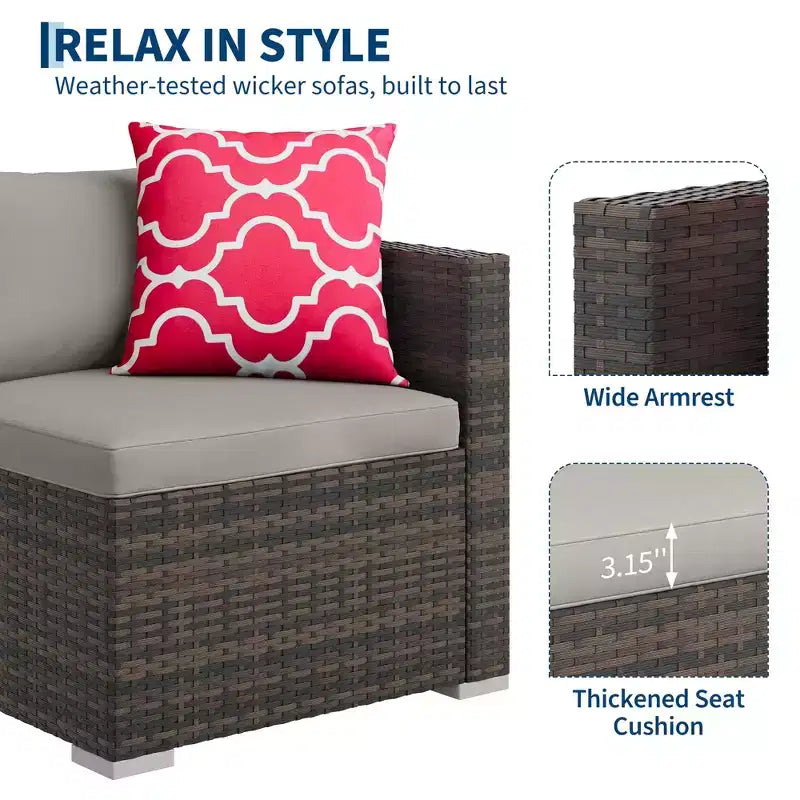 5-Piece All-Weather PE Rattan Wicker Patio Sectional Set - Thick Cushions, Ottoman, Glass Coffee Table, Modular Outdoor Conversation Sofa for Garden