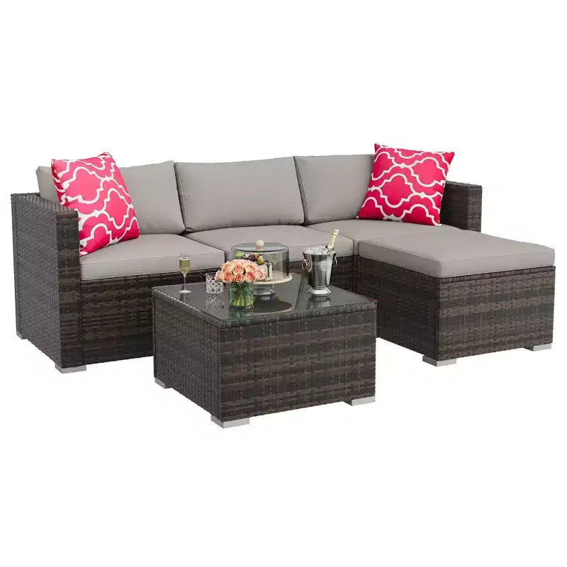 5-Piece All-Weather PE Rattan Wicker Patio Sectional Set - Thick Cushions, Ottoman, Glass Coffee Table, Modular Outdoor Conversation Sofa for Garden