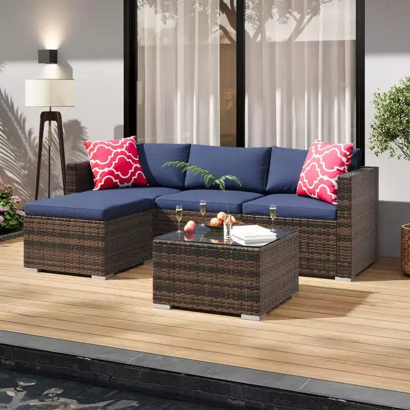 5-Piece All-Weather PE Rattan Wicker Patio Sectional Set - Thick Cushions, Ottoman, Glass Coffee Table, Modular Outdoor Conversation Sofa for Garden