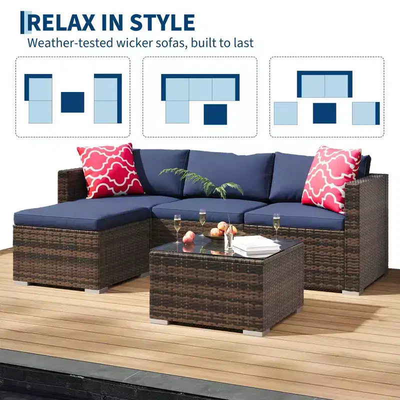 5-Piece All-Weather PE Rattan Wicker Patio Sectional Set - Thick Cushions, Ottoman, Glass Coffee Table, Modular Outdoor Conversation Sofa for Garden