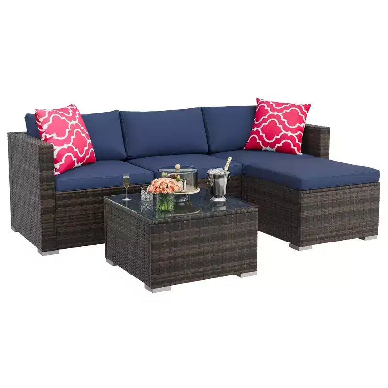 5-Piece All-Weather PE Rattan Wicker Patio Sectional Set - Thick Cushions, Ottoman, Glass Coffee Table, Modular Outdoor Conversation Sofa for Garden
