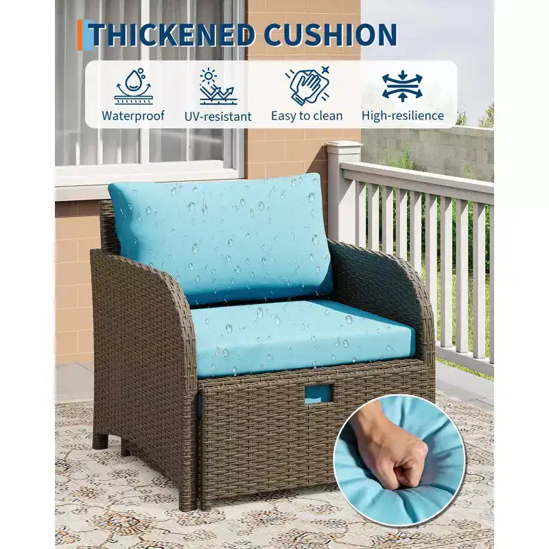 5-Piece Patio Conversation Set, Outdoor Wicker Furniture with Tempered Glass Coffee Table, Chairs with Ottomans & Cushions for Garden, Backyard