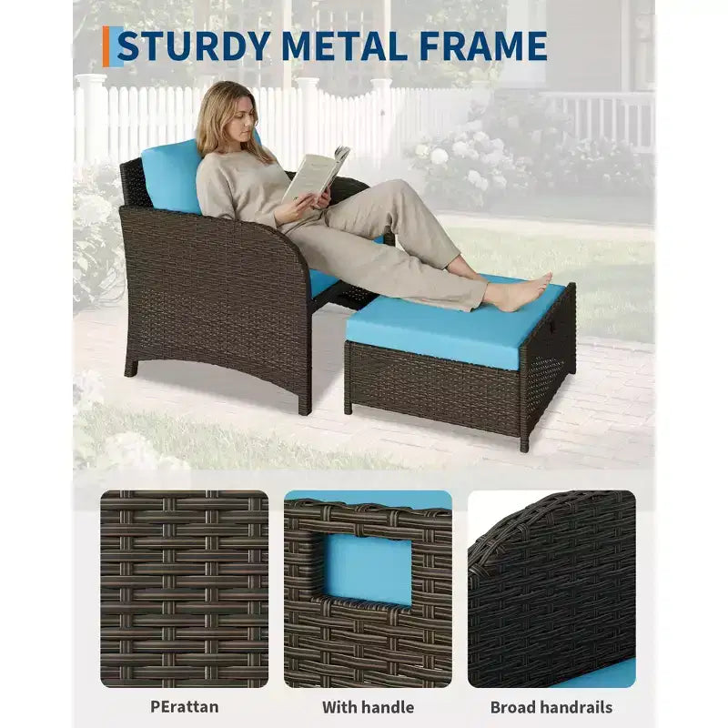 5-Piece Patio Conversation Set, Outdoor Wicker Furniture with Tempered Glass Coffee Table, Chairs with Ottomans & Cushions for Garden, Backyard