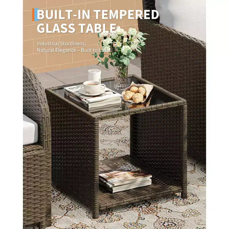 5-Piece Patio Conversation Set, Outdoor Wicker Furniture with Tempered Glass Coffee Table, Chairs with Ottomans & Cushions for Garden, Backyard