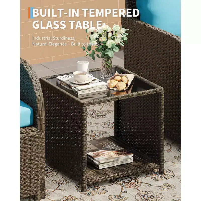 5-Piece Patio Conversation Set, Outdoor Wicker Furniture with Tempered Glass Coffee Table, Chairs with Ottomans & Cushions for Garden, Backyard
