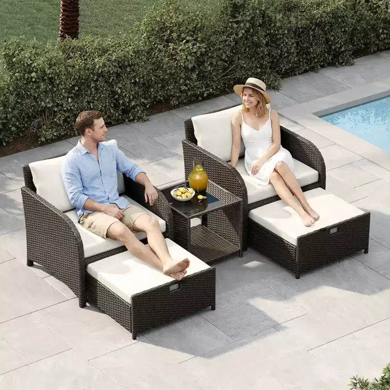 5-Piece Patio Conversation Set, Outdoor Wicker Furniture with Tempered Glass Coffee Table, Chairs with Ottomans & Cushions for Garden, Backyard