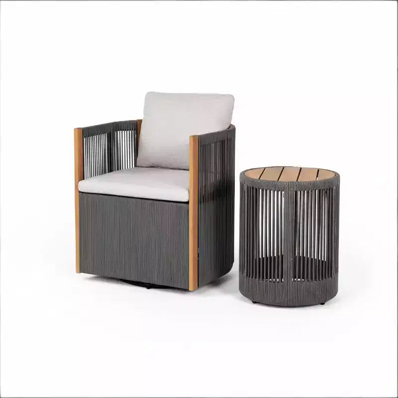 ModernLuxe 2/3-Piece Outdoor Swivel Conversation Set, Rope Wicker Swivel Chairs & Acacia Wood Side Table, Small Space Patio Furniture Set