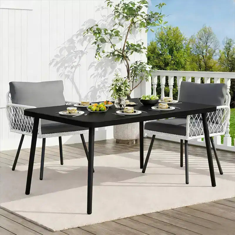 3 Piece Patio Dining Set, Outdoor All-Weather PE Wicker Conversation Set with 2 Chairs + Large Tempered Glass Table, Compact Patio Furniture