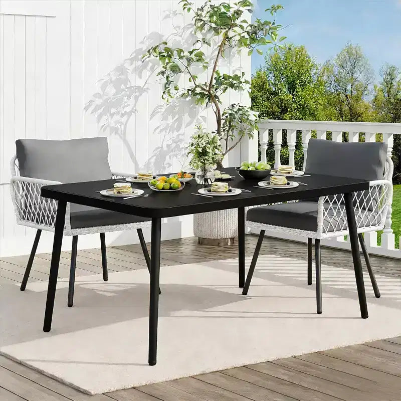 3 Piece Patio Dining Set, Outdoor All-Weather PE Wicker Conversation Set with 2 Chairs + Large Tempered Glass Table, Compact Patio Furniture
