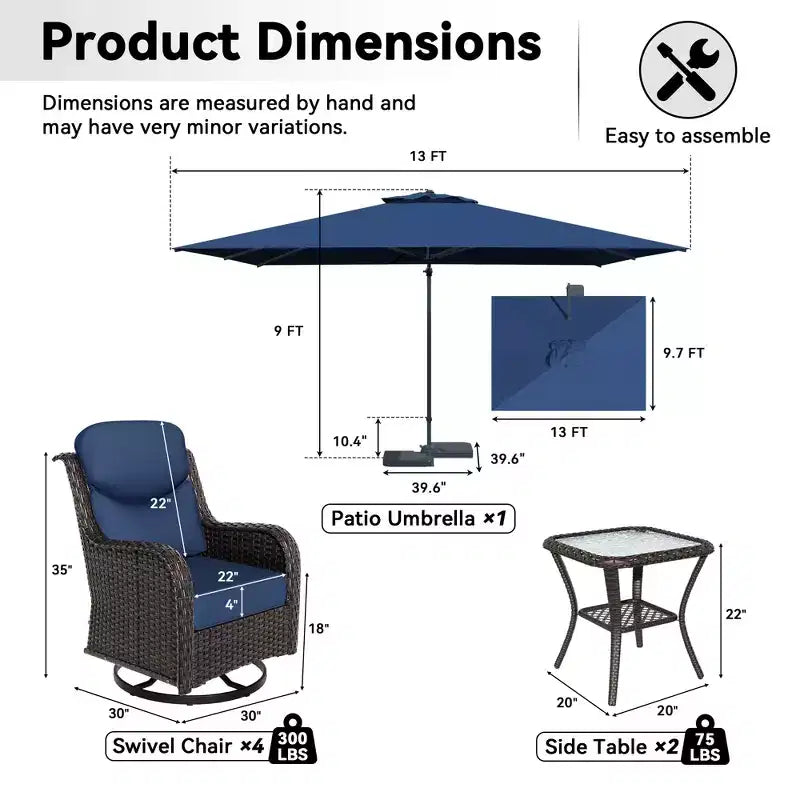 UPTIOT Outdoor Rocking Chair Set with Side Tables and 13-ft Double Canopy Patio Umbrella