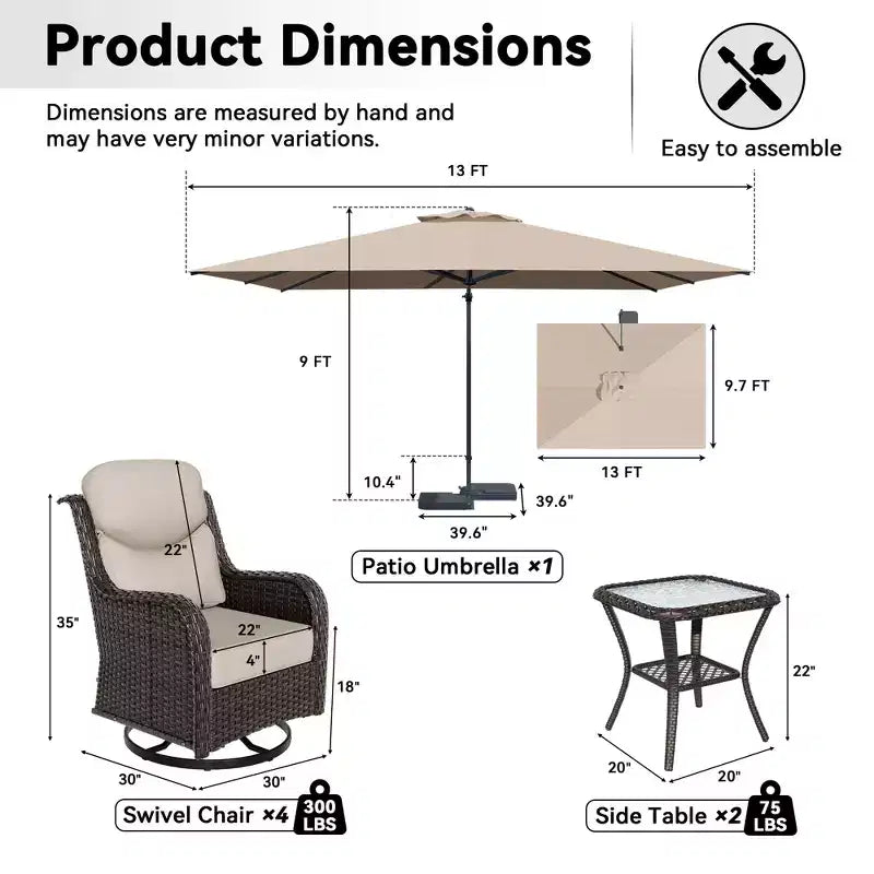 UPTIOT Outdoor Rocking Chair Set with Side Tables and 13-ft Double Canopy Patio Umbrella