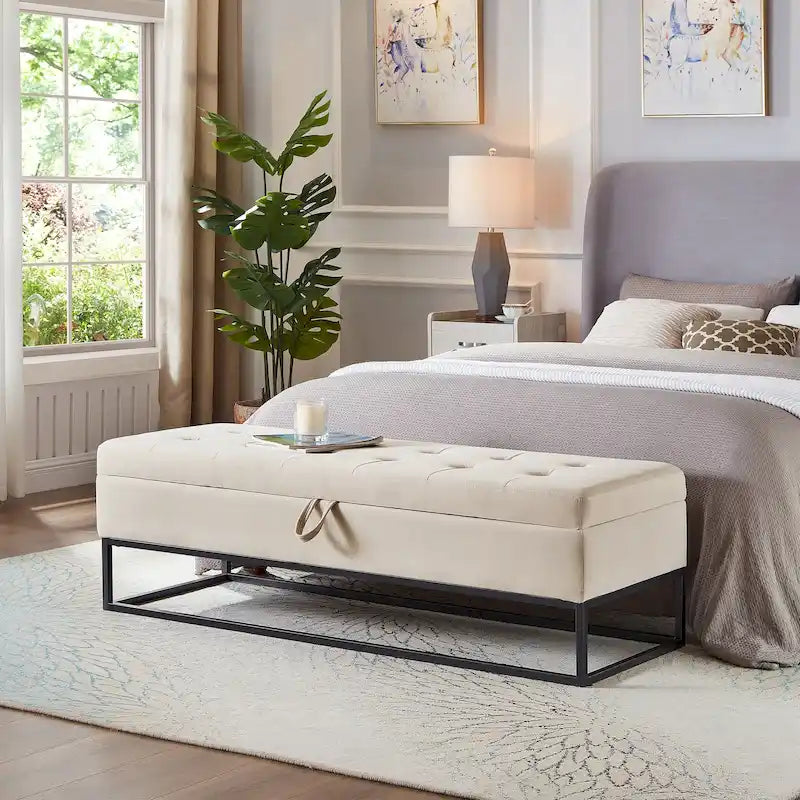 Banc de rangement en velours pour lit avec base en métal