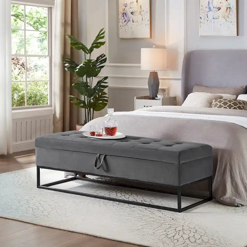 Banc de rangement en velours pour lit avec base en métal