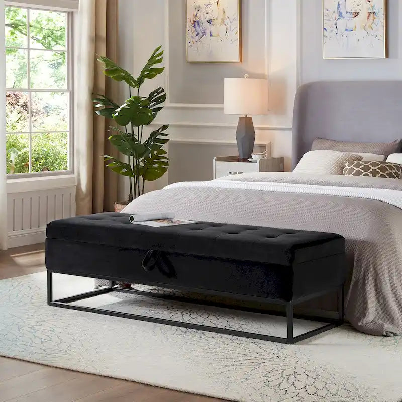 Banc de rangement en velours pour lit avec base en métal