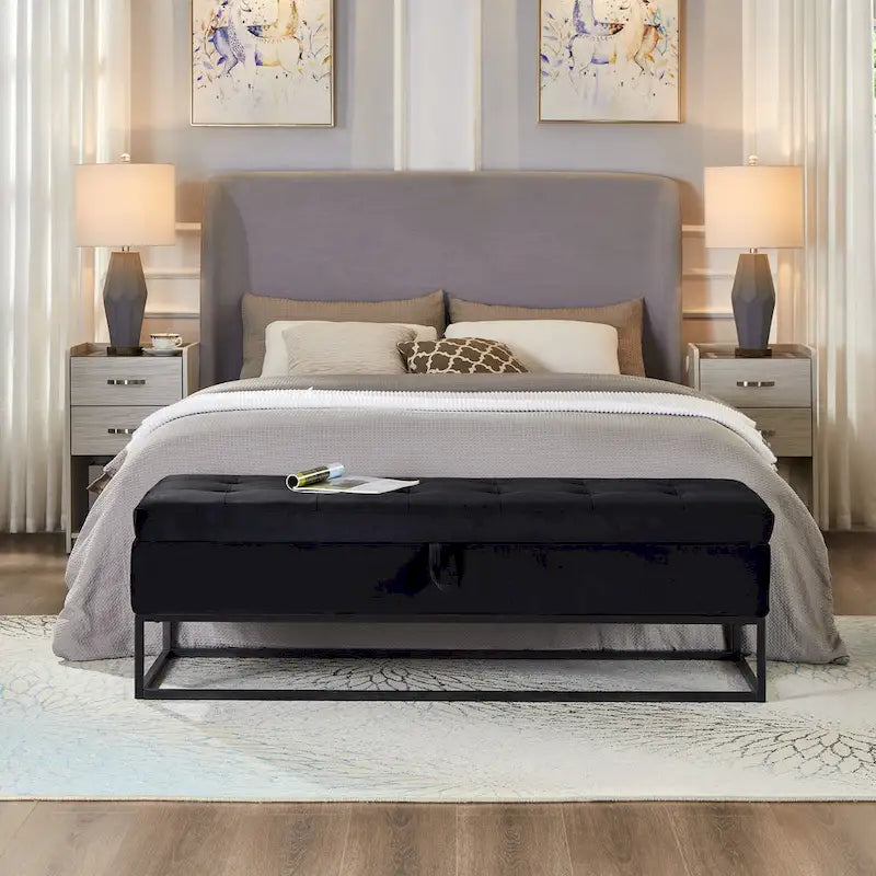 Banc de rangement en velours pour lit avec base en métal