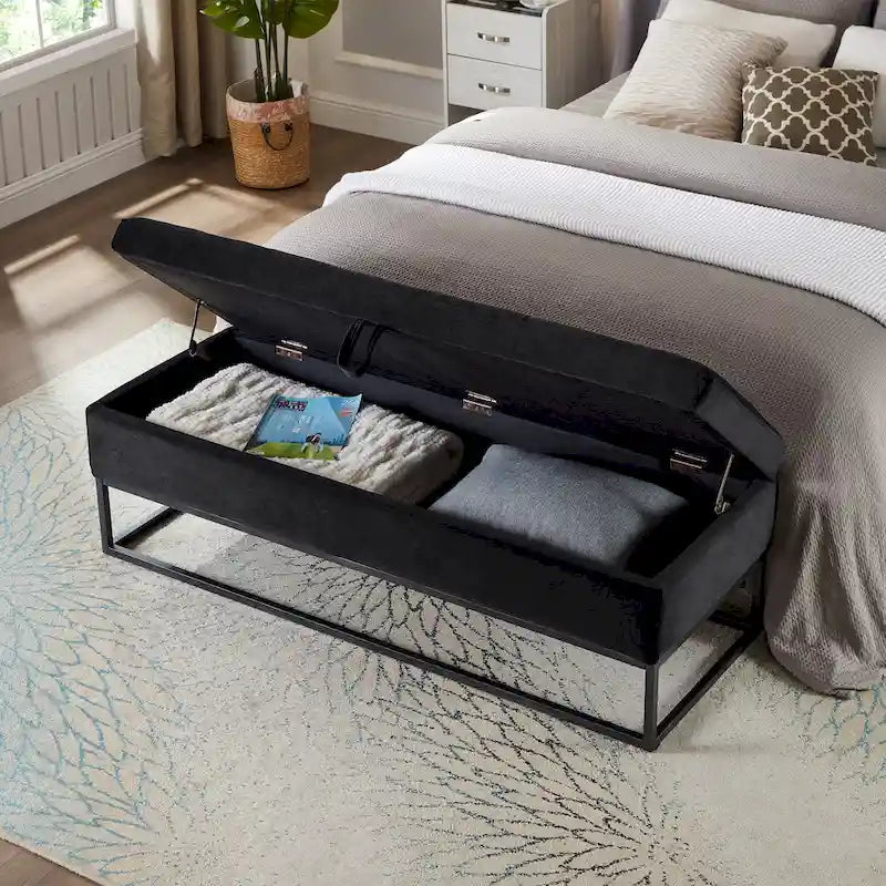 Banc de rangement en velours pour lit avec base en métal