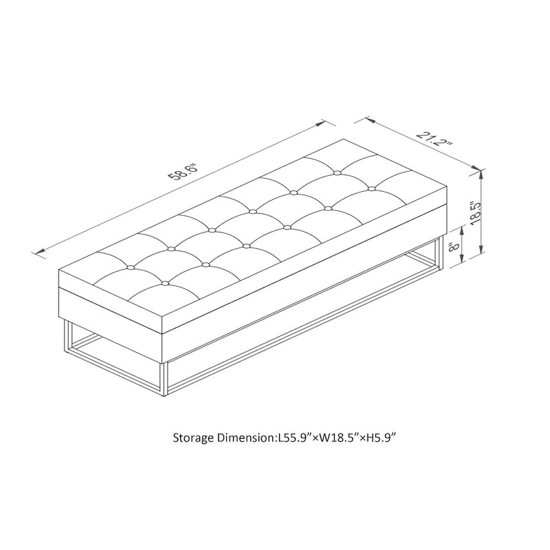 Banc de rangement en velours pour lit avec base en métal