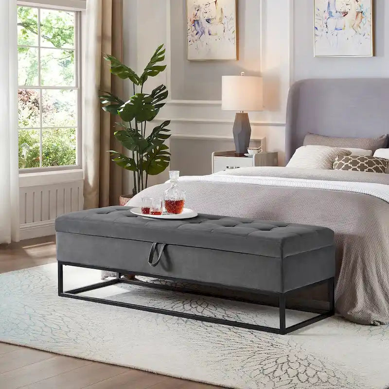 Banc de rangement en velours pour lit avec base en métal