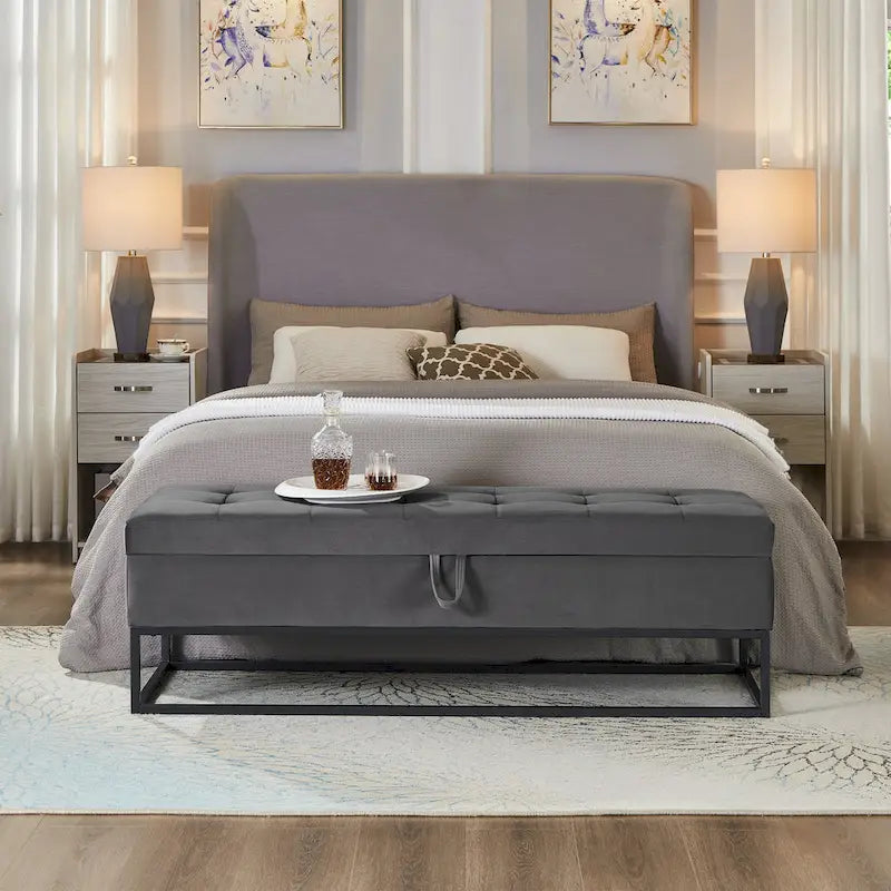 Banc de rangement en velours pour lit avec base en métal