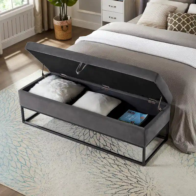 Banc de rangement en velours pour lit avec base en métal