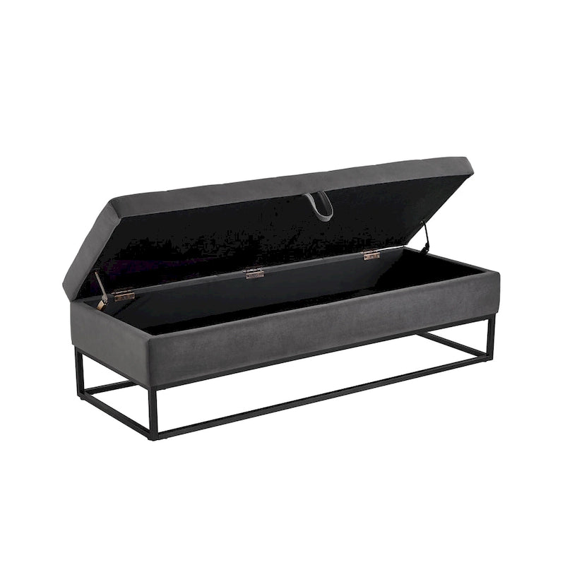Banc de rangement en velours pour lit avec base en métal