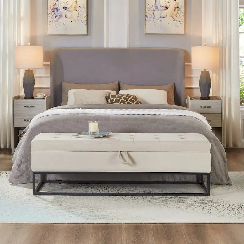 Banc de rangement en velours pour lit avec base en métal