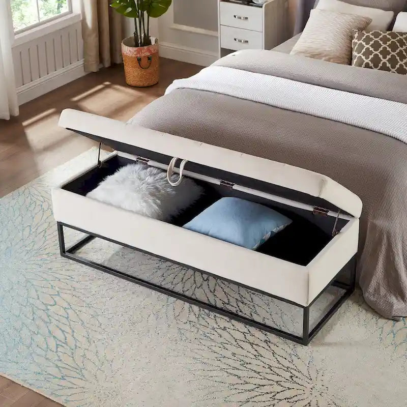 Banc de rangement en velours pour lit avec base en métal