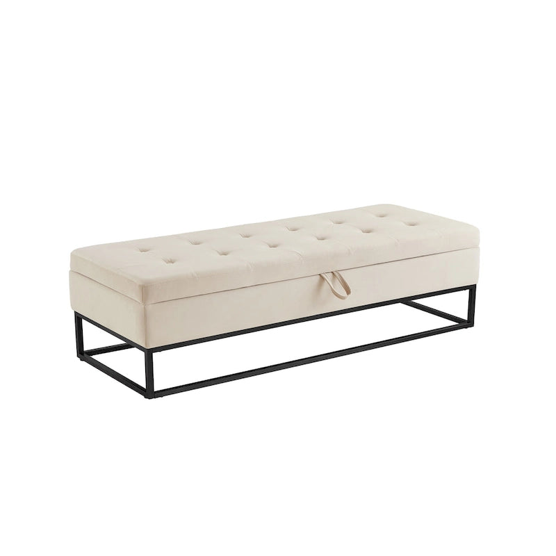 Banc de rangement en velours pour lit avec base en métal