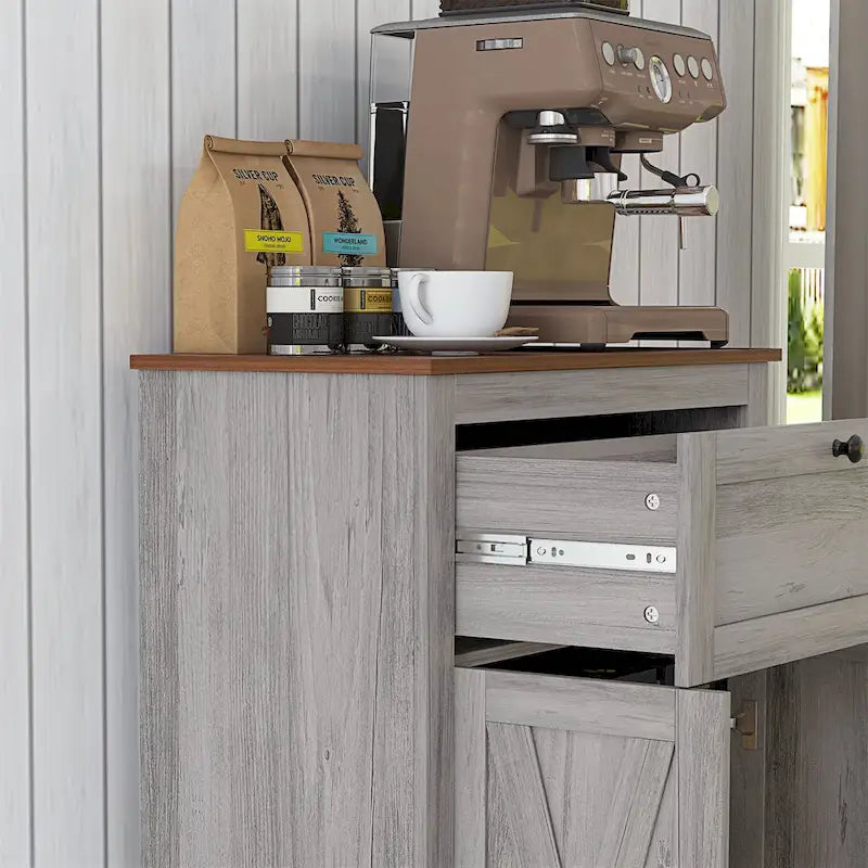 Buffet de cuisine campagnard avec portes de grange, double portes et tiroir