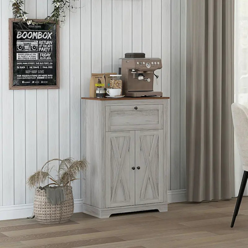 Buffet de cuisine campagnard avec portes de grange, double portes et tiroir