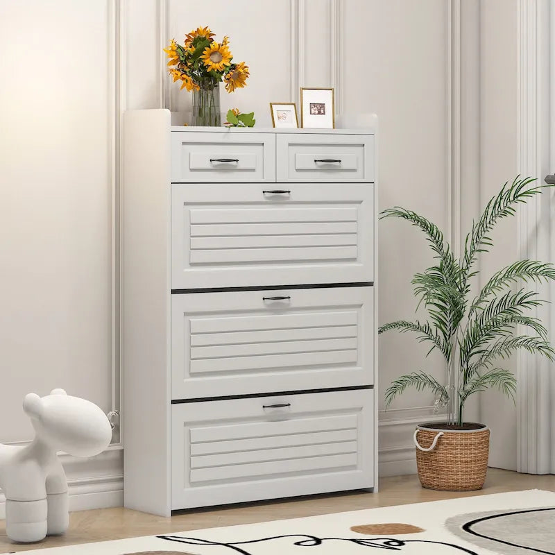 Meuble d'entrée moderne avec banc à chaussures, 5 patères et placard à porte à lattes, blanc