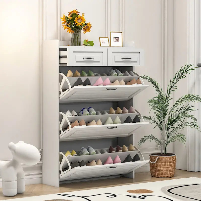 Meuble d'entrée moderne avec banc à chaussures, 5 patères et placard à porte à lattes, blanc
