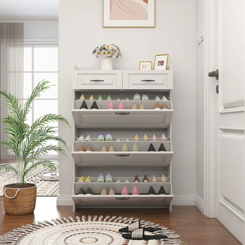 Meuble d'entrée moderne avec banc à chaussures, 5 patères et placard à porte à lattes, blanc
