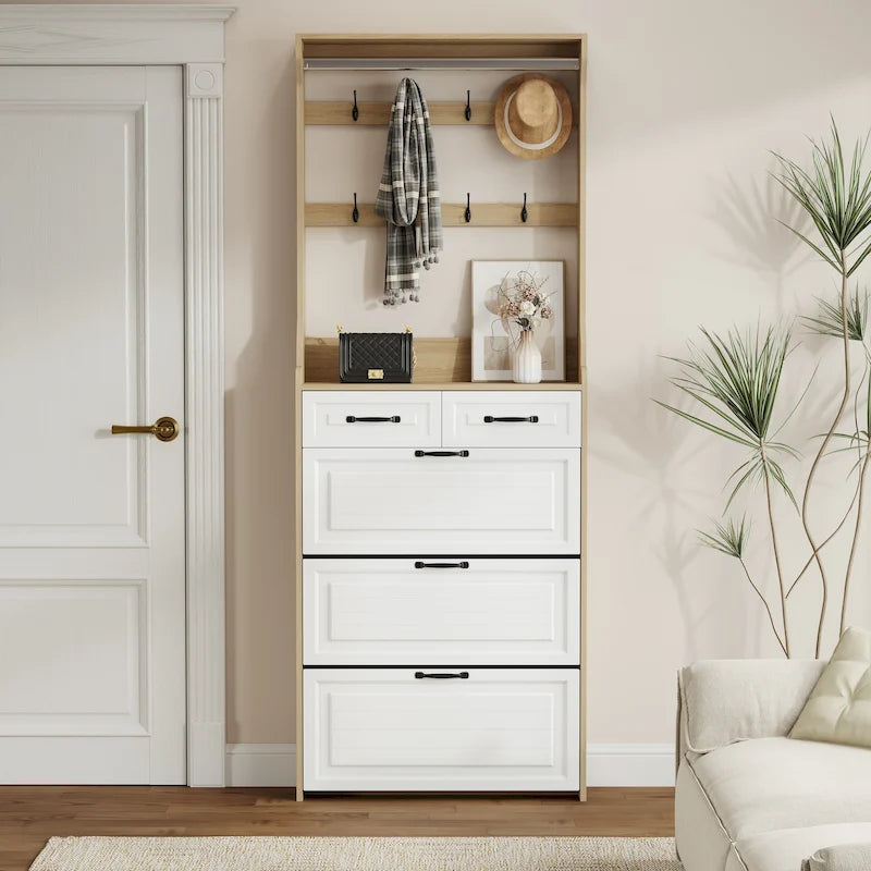 Meuble à chaussures en bois avec 3 portes, 2 tiroirs et patères