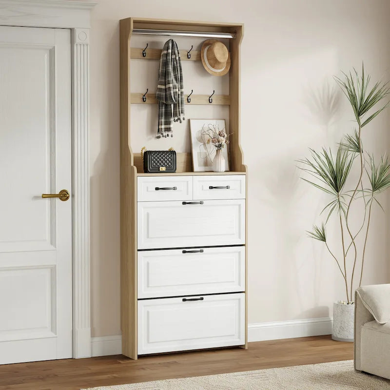 Meuble à chaussures en bois avec 3 portes, 2 tiroirs et patères