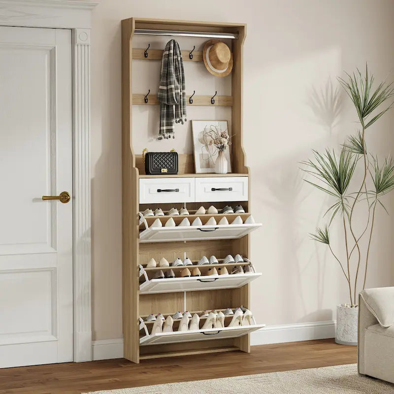 Meuble à chaussures en bois avec 3 portes, 2 tiroirs et patères