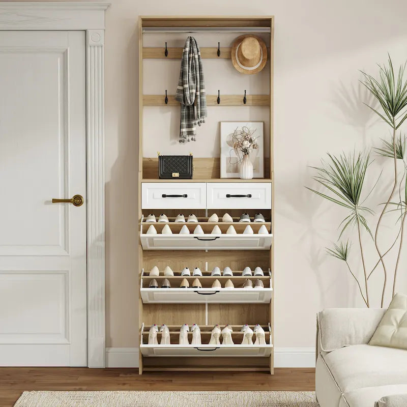Meuble à chaussures en bois avec 3 portes, 2 tiroirs et patères