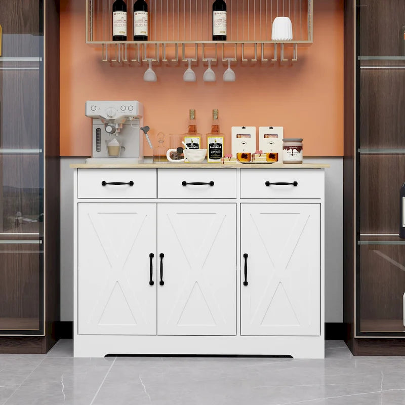 Buffet bahut de ferme avec 3 tiroirs et 3 portes, blanc