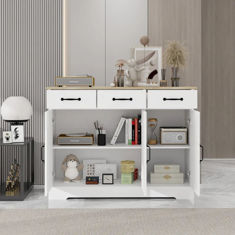 Buffet bahut de ferme avec 3 tiroirs et 3 portes, blanc