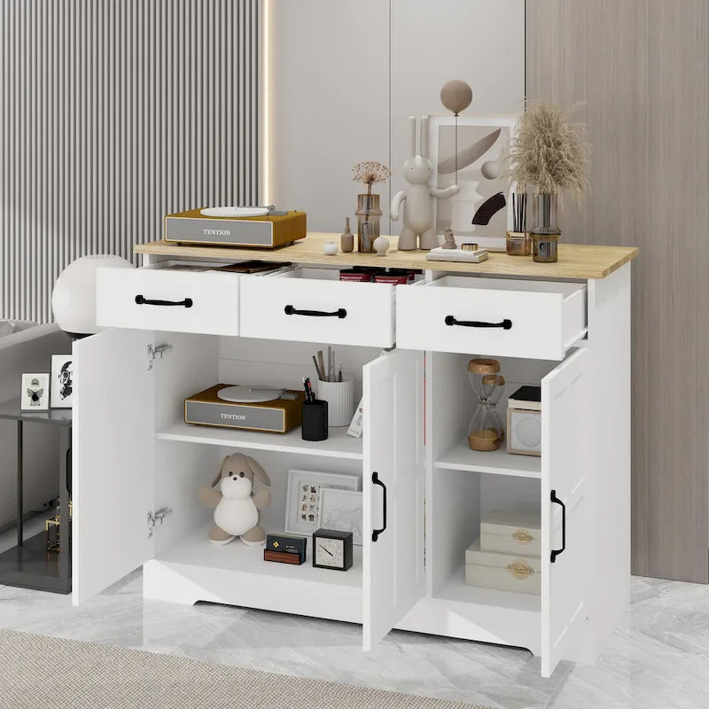 Buffet bahut de ferme avec 3 tiroirs et 3 portes, blanc